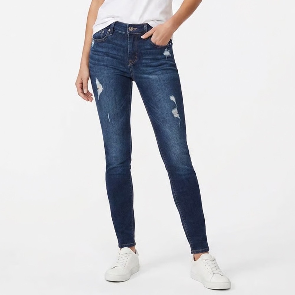 Express Jeans Womens Size 10R Dark Wash Distressed Skinny Stretch Denim Blue